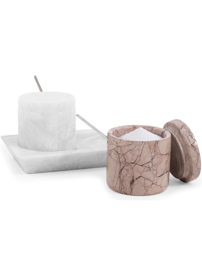 RADICALn White & Marinara Marble Salt Cellar with Lid | 3" Set of 2 Spice Jars for Kitchen & Living Room - Image 1